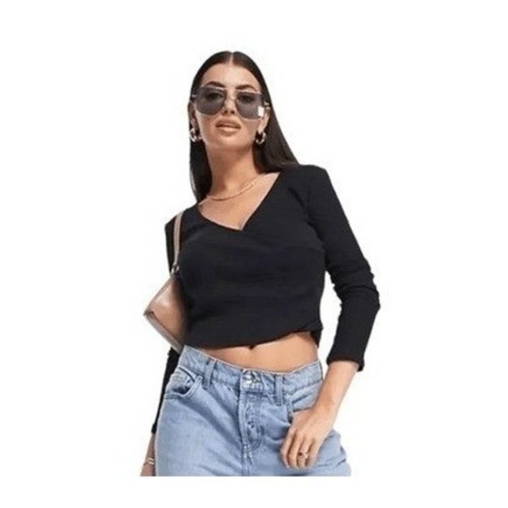 Vero‎ Moda Miranda Wrap Top Black Knit Cropped Long Sleeve S